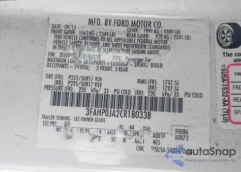 2012 Ford Fusion Sel из США, поврежденный, VIN 3FAHP0JA2CR180338
